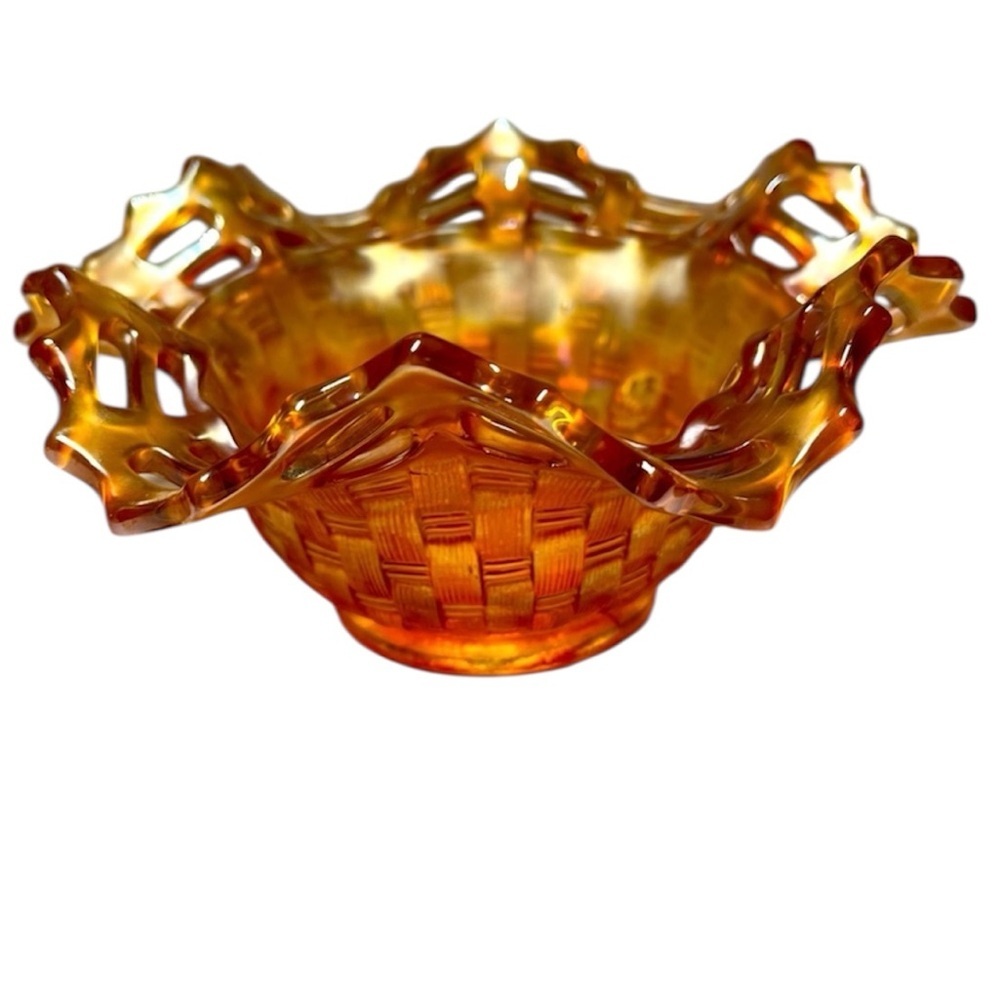 Fenton Carnival Glass bowl, basket weave open lace ruffled edge. Vintage